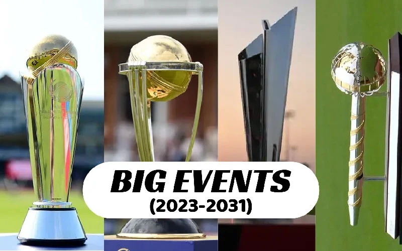 Get the Details of Upcoming Big Events of Cricket from 2023 to 2031. T20 Worldcup, ODI Worldcup, WTC Final, Champions Trophy.